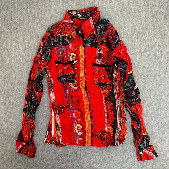 La Caviar Crinkle Floral Red Blouse Snaps Collared Small Long Sleeve Stud Detail - Picture 1 of 16